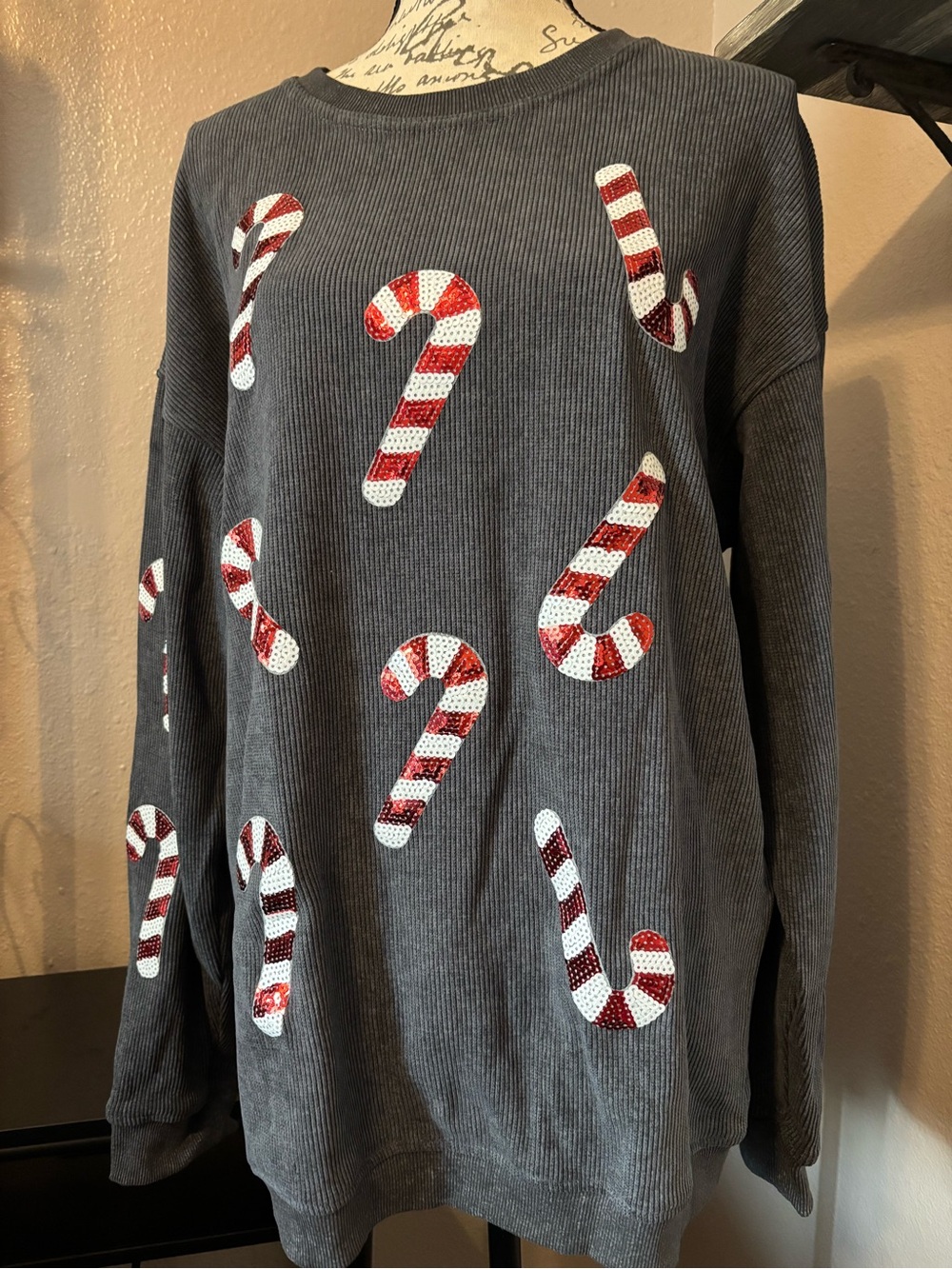 Sequin Candy Cane Round Neck Sweatshirt🛍️NWOT